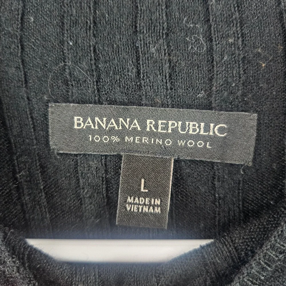 Banana Republic 100% Merino Wool Ribbed Colorblock Mock Neck Sweater Black Brn L